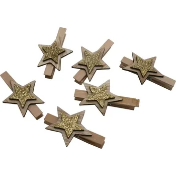 Vánoční dekorace Dřevěné kolíčky hvězdy se zlatým glitrem 6 ks 3001803