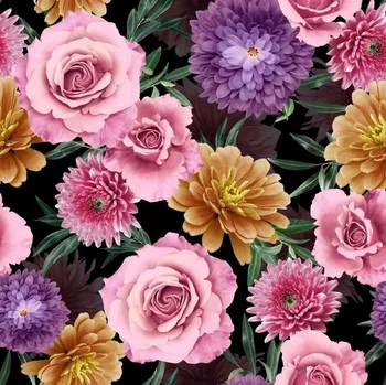 Velurové potahové látky s potiskem, Růže a chryzantémy