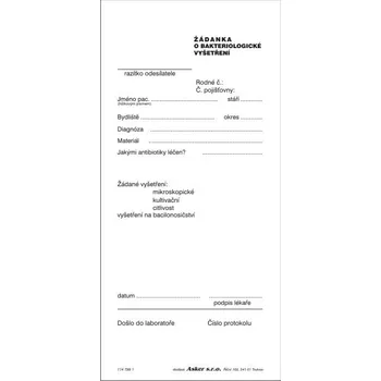 Tiskopis Žádanka o bakteriologické vyšetření varianta: 1147991 - volné listy, 100 ks