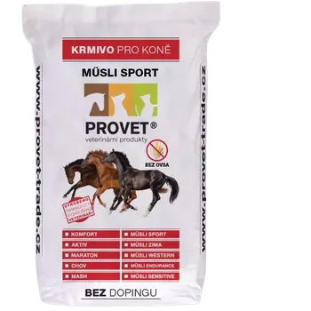 Krmivo pro koně Mikrop Sport musli 20kg BEZ OVSA (dříve PROVET®) (Nové vylepšené müsli krmivo bez ovsa, pro hobby a aktivní i sportující koně.)