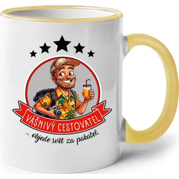 Keramický hrnek Vášnivý cestovatel, objede svět za pakatel, Barva Žlutá, Velikost 330 ml, Canvas Keramický hrnek s barevným uchem Bezvatriko.cz 2684
