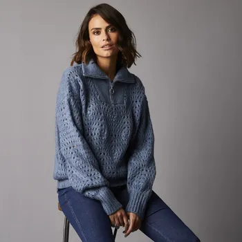 Dámský svetr Ažurový pulovr se stojáčkem modrošedá 34/36