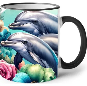 Keramický hrnek Delfíni, Barva Černá, Velikost 330 ml, Canvas Keramický hrnek s barevným uchem Bezvatriko.cz 2728