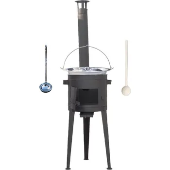 Kempingové nádobí Nerezový kotlík 22 L (0,8 mm) INOX + žáruvzdorná kotlina s vysokými nožičkami (1,5 mm) HODO 42 cm PLUS 600 + vařečka + naběračka