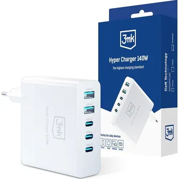 Pouzdro na mobilní telefon 3mk síťová nabíječka - Hyper Charger 140W, GaN 3x USB-C (PD) / 2x USB, bílá