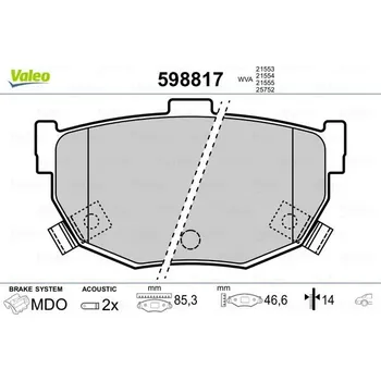 Brzdová destička Sada brzdových destiček, kotoučová brzda VALEO 598817