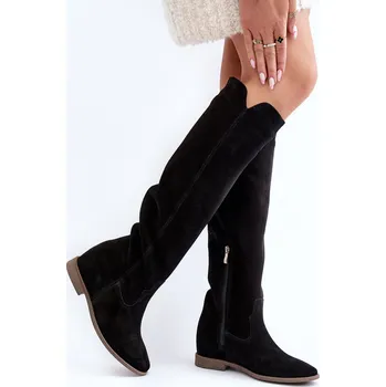 Dámské kozačky Zazoo 3407 Zamszové Kozáky po Kolena na Ploché Podrážce Barva: Černá, Velikost: 39