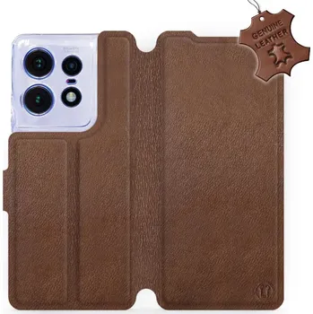 Pouzdro na mobilní telefon Kožené flip pouzdro Mobiwear - Motorola Edge 50 Pro - Hnědé (Kožené knížkové pouzdro, obal, kryt na mobil Motorola Edge 50 Pro, Hnědé, materiál Genuine Leather, ochrana 360°, stojánek, silikonová vanička, magnetické zavírání)
