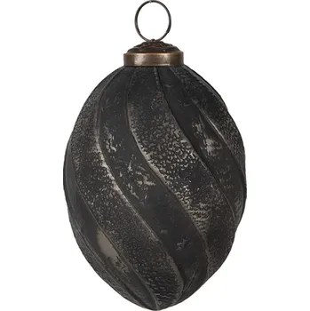 Vánoční ozdoba Černá skleněná vánoční cetka oválného tvaru se šedým odřením a pruhy Karlijn – 7x10 cm