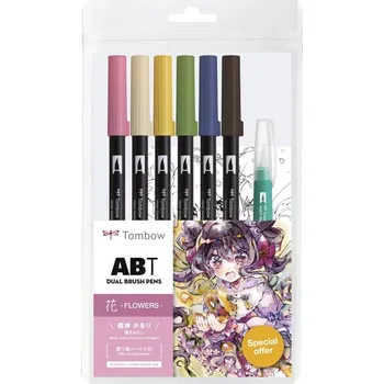 Tombow ABT sada oboustranných fixů Manga Flower 6 ks + vodní štětec