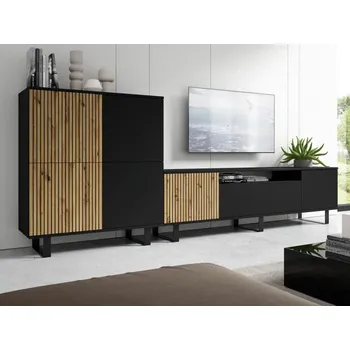 Obývací stěna Obývací sestava 4D Ros černá / dub artisan - kovové nohy