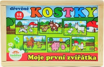 Dřevěná hračka Dřevěné kostky kubus moje první zvířátka 15 ks