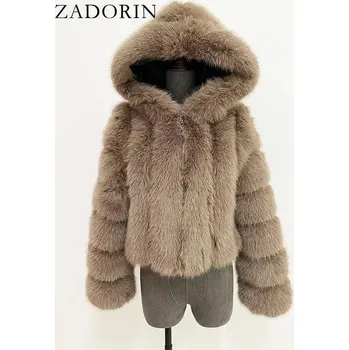 Dámský kožich Krátký kožich s kapucí a prošíváním Barva: Tmavě Hnědá, Velikost: L