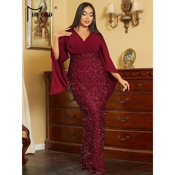 Dámské šaty Plesové šaty s třpytivou sukní a obálkovým výstřihem Barva: Vínová, Velikost: XL