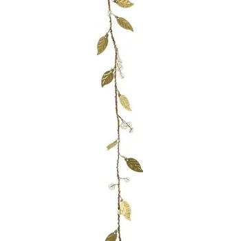 Věnec Vánoční dekorativní girlanda se zlatými listy a korálky, 3x5x120 cm