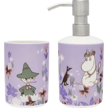 Dávkovač mýdla Arabia Finland, Dávkovač mýdla Arabia Finland Mumínci Květinová zahrada s hrnkem na zubní kartáčky 2 díly - Formadore