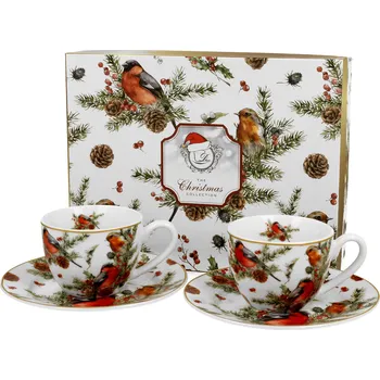 DUO Gifts DG - Vánoční porcelanové šálky s podšálkem na espresso CHRISTMAS BIRDS v dárkovém balení 2 ks - 110 ml