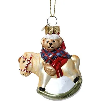 Vánoce KAEMINGK Vánoční skleněná ozdoba medvídek 1ks, 4,5x3,5x7,5 cm - Pejsek na koni chlapec