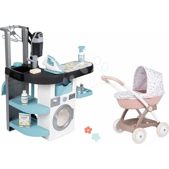 Kočárek pro panenku Set prádelna s pračkou s předním plněním a hluboký kočárek pro panenky Rowenta Wash&Clean Laundry Smoby s textilním potahem a elektronický vysavač se zvukem