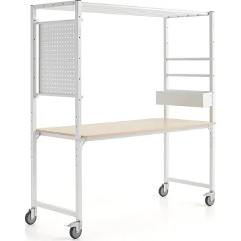 Dílenský stůl Mobilní multifunkční stůl TEAMWORK, box na příslušenství, perforovaný panel, bílá/bříza