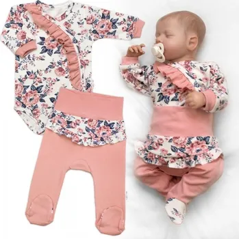 Kojenecké oblečení Bavlněná sada 2D, body + polodupačky Růžičky, pudrově růžová, Velikost koj. oblečení 68 (3-6m)