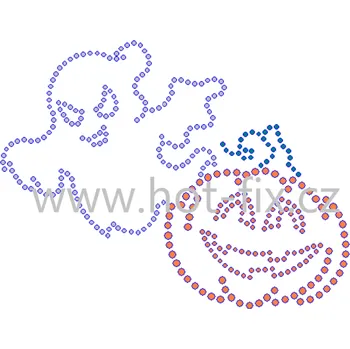 SP008 - Happy Halloween motiv nažehlovací hot-fix kamínkový potisk na textil, rozměry cca 11,6x10,9cm barva: broušené kameny 101/N Crystal /stříbrná + polobroušené kameny barva 104 Orange /oranžová a 114 Emerald světlý /zelená