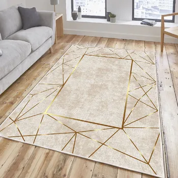 Bytový textil ASIR Předsíňový koberec (100 x 300 cm) ELS2400 béžový a zlatý geometrický vzor