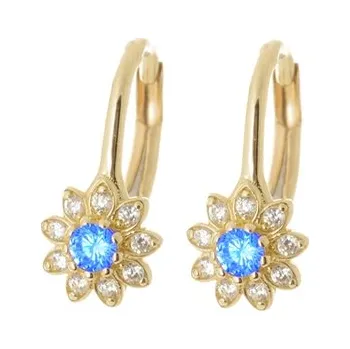 Náušnice Dětské náušnice kytičky ze žlutého zlata s modrými zirkony ZNA262F + Dárek zdarma