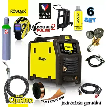 Svářečka KOWAX® GeniMig®240DP LCD MIG/MAG/LiftTIG/MMA SET06Q + SAMOSTMÍVACÍ KUKLA + LAHEV AR 20L + VENTIL + VOZÍK + DRÁT + HOŘÁK QUATRO