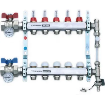 rozdělovač topení TIEMME 1&quot; Osazený NEREZ rozdělovač, přímý, průtokoměry, 5 okruhů TM3871XI060505BY