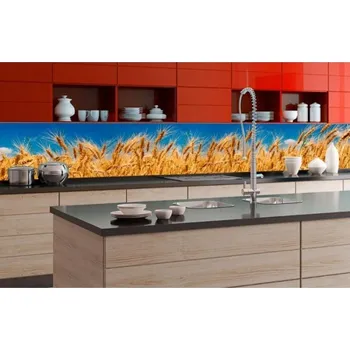 Fototapeta DIMEX | Fototapeta do kuchyně Pole pšenice KI-350-011 | 350 x 60 cm | modrá, žlutá + Samolepicí fototapeta za kuchyňskou linku DIMEX Pole pšenice v šíři 350 cm