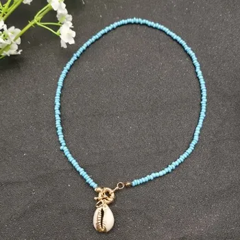 Náhrdelník Korálkový náhrdelník na krk s mušlí kauri - modrý