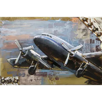 Obraz Vintage kovový obraz na stěnu s letadlem - 120*80*7 cm