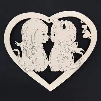 Dekorativní magnet AMADEA Dřevěná ozdoba srdce kočka a pes 17 cm