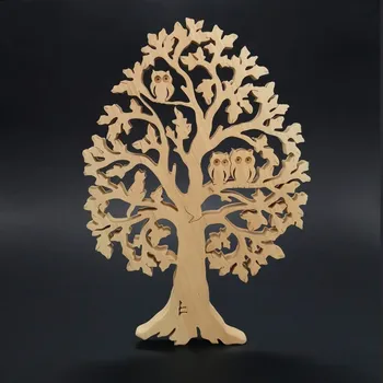 AMADEA Dřevěný strom se sovami a kočkou, masivní dřevo, výška 28 cm