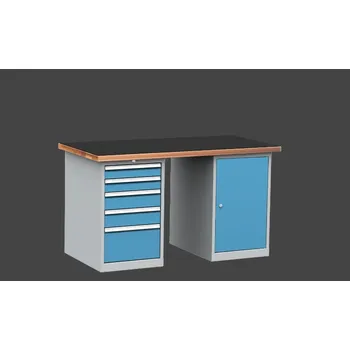 Průmyslová sponka dílenský stůl DPS 1423 s vroubkovanou pogumovanou pracovní deskou, kontejner a skříňka + doprava zdarma