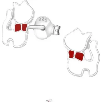 Náušnice Stříbrné puzetové náušnice Bílá kočička s mašlí I (Náušnice s kočkou, Šperkovní stříbro 925)