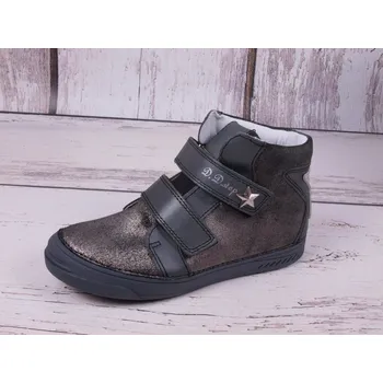 Dívčí polobotky D.D.step Celoroční kožené boty obuv D. D. step 040-73A kotníkové šedočerné se stříbrnou hvězdou velikost: 34