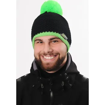 Čepice R-JET Pánská černá zimní pletená čepice se zeleým pruhem a bambulí