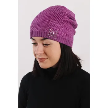 Čepice R-JET Tmavě růžová dámská prodloužená zimní pletená čepice s růžovou lesklou nitkou
