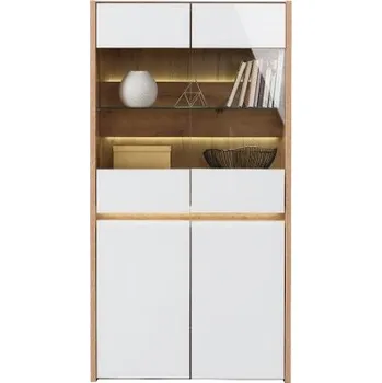 Obývací stěna Vitrína s osvětlením Embra - dub artisan/bílý lesk