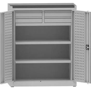 Dílenská skříň na nářadí, v x š x h: 1170x950x500 mm, perforované panely, 2 x police, 4 x zásuvka, barva šedá RAL7035 / šedá RAL7035