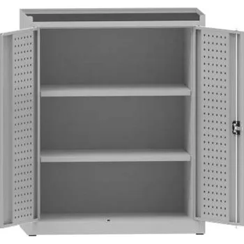 Dílenská skříň na nářadí, v x š x h: 1170x950x500 mm, perforované panely, 2 x police, barva šedá RAL7035