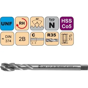 NÁSTROJE CZ Strojní závitník /CZZ4055/ pro americký unifikovaný jemný závit se šroubovitou drážkou CZZ Závit: UNF 3/4"-16-2B