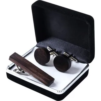 Manžetový knoflíček Pánský set ze dřeva manžetové knoflíčky kulaté a spona na kravatu Eben