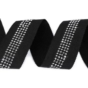 Lampas / rypsová stuha s broušenými kamínky šíře 30 mm, barva černá šedá