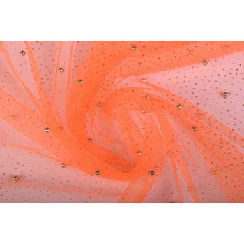 Tyl v oranžové barvě s třpytkami a perličkami 10328/036