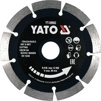 Řezný kotouč Diamantový kotouč YATO, řezný segmentový 125x22,2x2mm s vysokým segmentem 10mm YT-59962