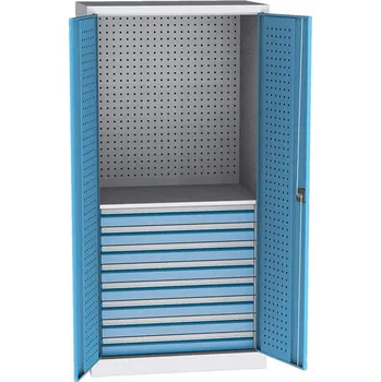 Dílenská skříň na nářadí, v x š x h: 1950 x 950 x 600 mm, perforované panely, 1 x police, 8 x zásuvka, barva šedá RAL7035 / modrá RAL5012