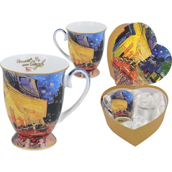 Carmani® Carmani - Porcelánové hrnky na stopce Vincent van Gogh, Terasa noční kavárny v dárkové krabičce ve tvaru srdce - 2*280 ml